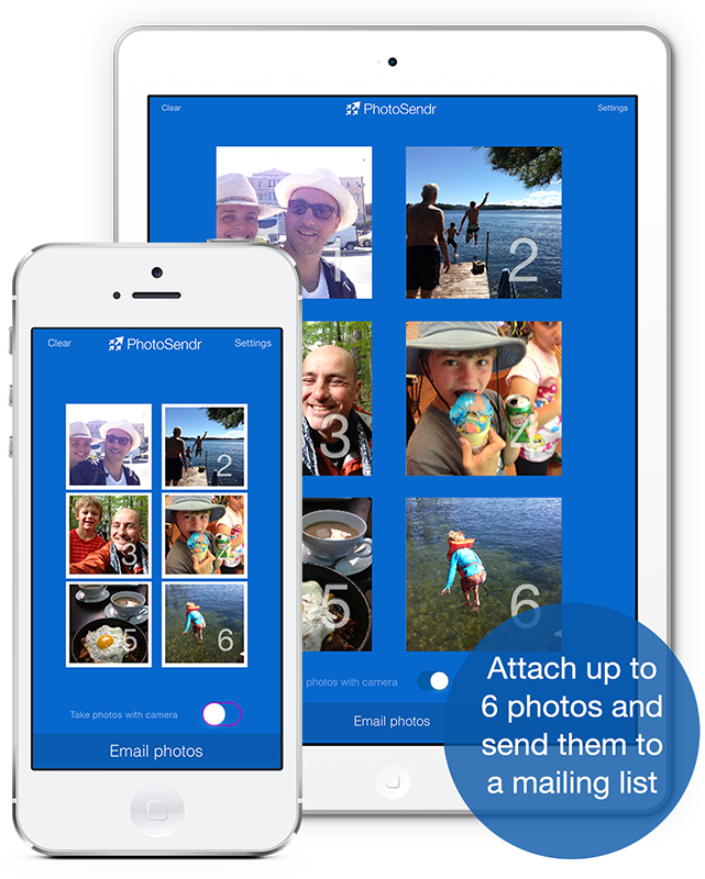 iPhone and iPad showcasing a screenshot of the PhotoSendr App.