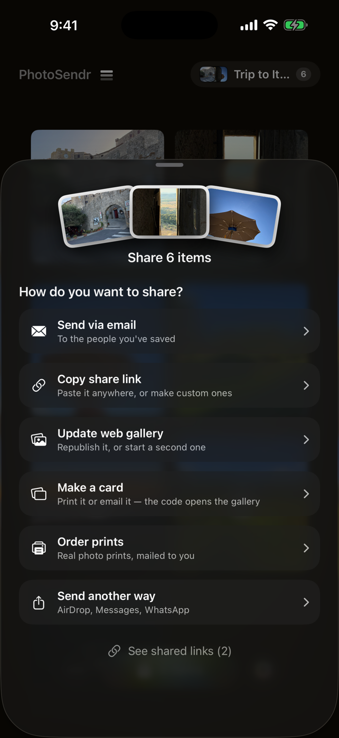 PhotoSendr's share sheet on iPhone, with Order prints, real photo prints mailed to you, listed between Make a card and Send another way