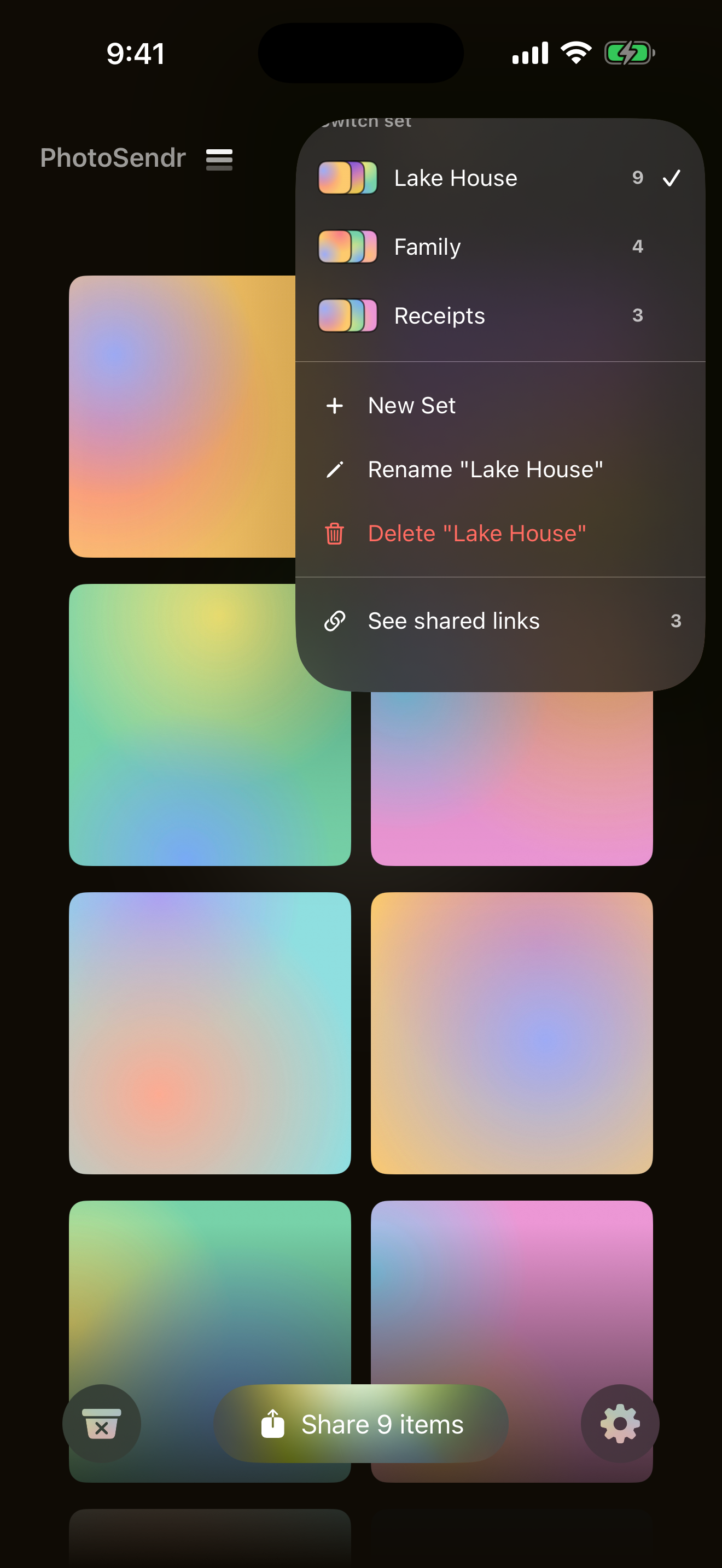 The set switcher open, showing Lake House, Family, and Receipts sets with thumbnails